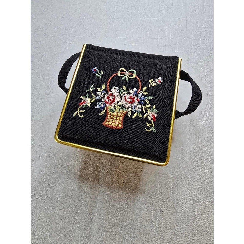 Vintage 1940s 1950s Black Box Purse Needlepoint Floral Basket Gold Frame Handbag